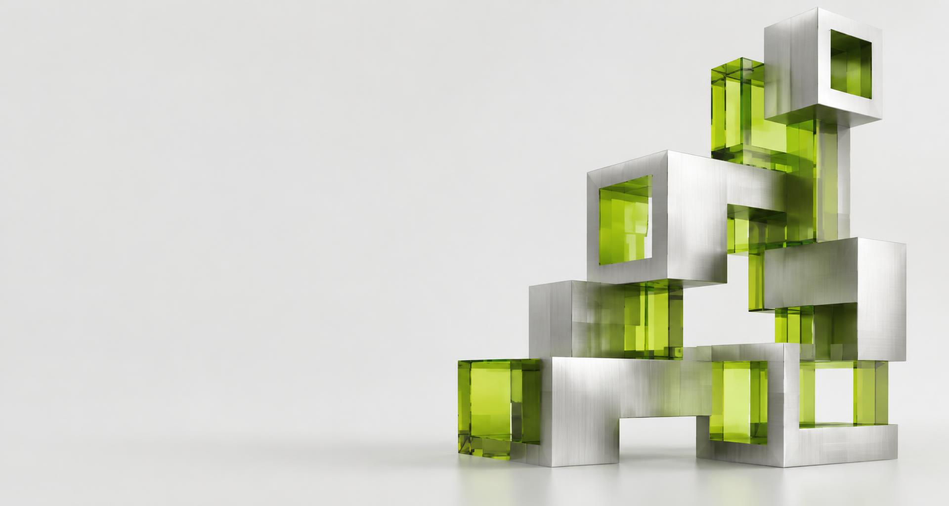 Estrutura modular de metal e vidro verde conectando diferentes blocos